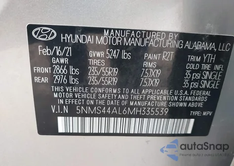 2021 Hyundai Santa Fe Limited from USA, damaged, VIN 5NMS44AL6MH335539